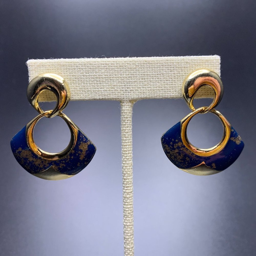 Speckled Enamel Earrings Gold Tone Blue Dangle Bold Classic Pierced Vintage